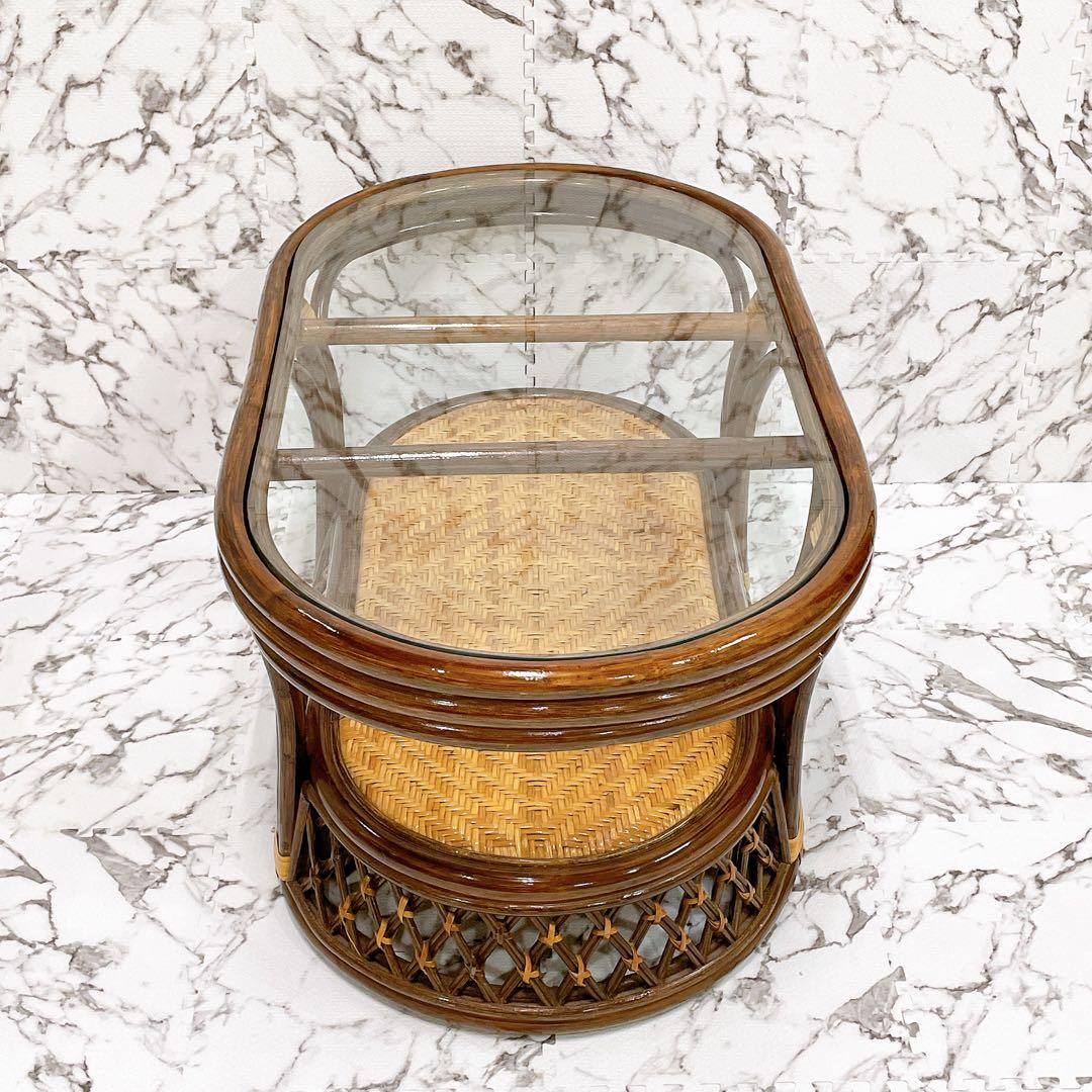 ラタン 籐 センターテーブル ガラステーブル オーバル