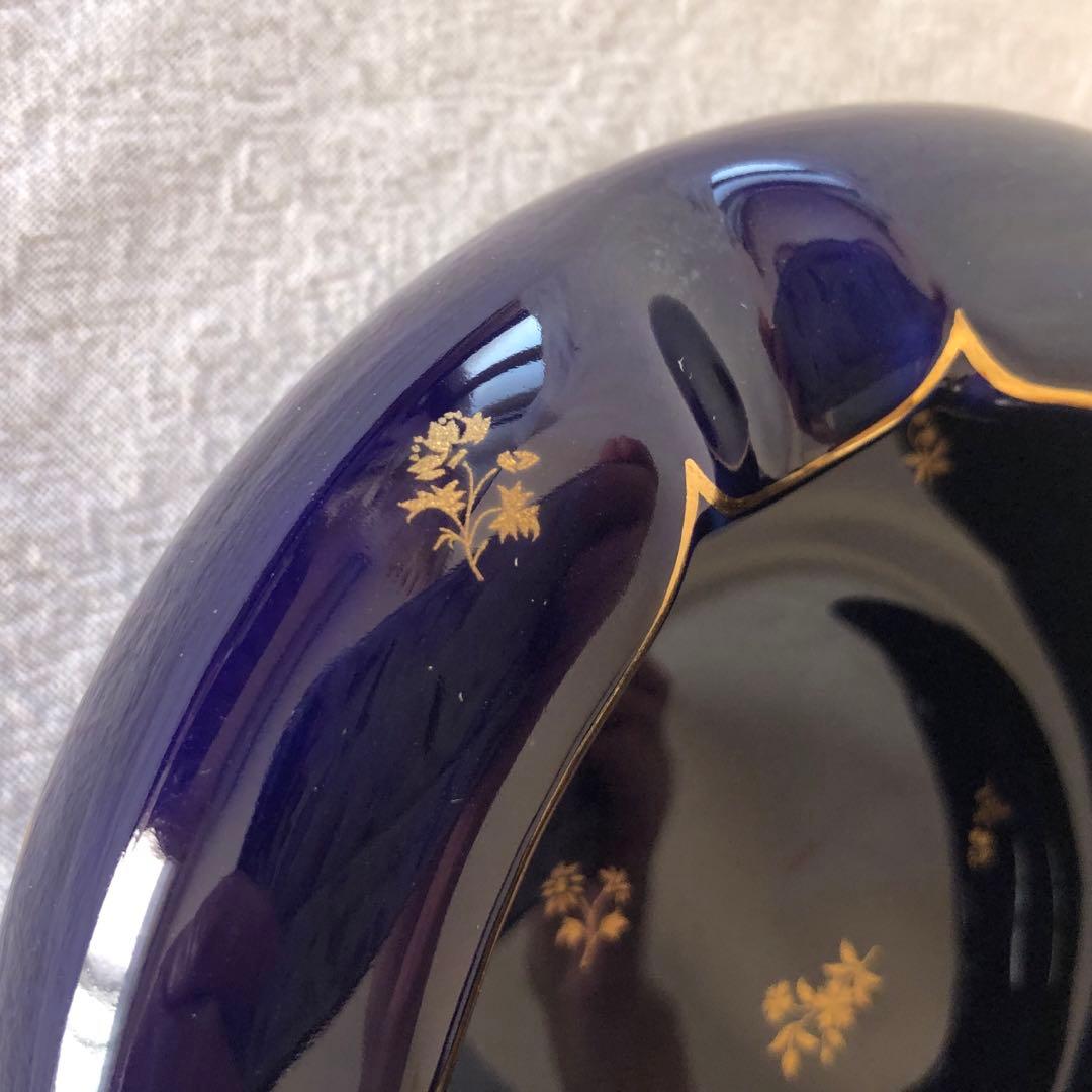 SEVRESセーブル灰皿☆ファットブルー☆24K金彩小花☆仏ヴィンテージ未使用