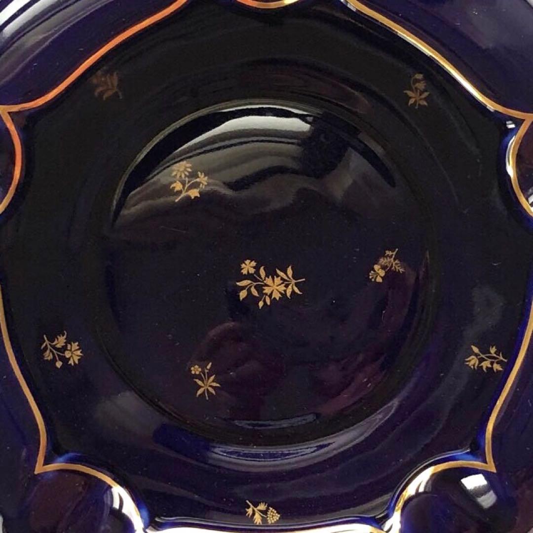 SEVRESセーブル灰皿☆ファットブルー☆24K金彩小花☆仏ヴィンテージ未使用