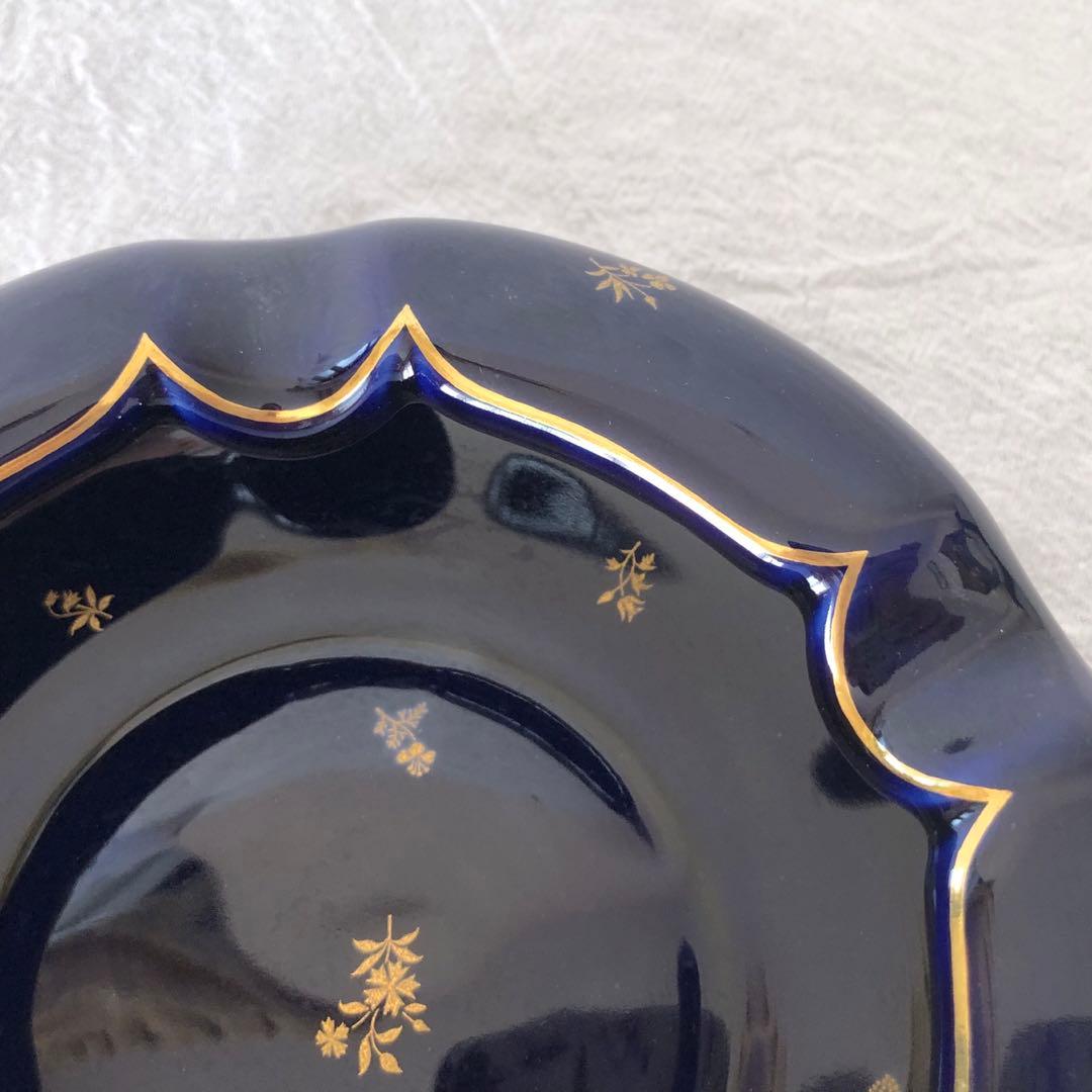 SEVRESセーブル灰皿☆ファットブルー☆24K金彩小花☆仏ヴィンテージ未使用