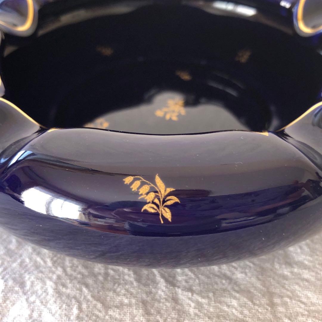 SEVRESセーブル灰皿☆ファットブルー☆24K金彩小花☆仏ヴィンテージ未使用