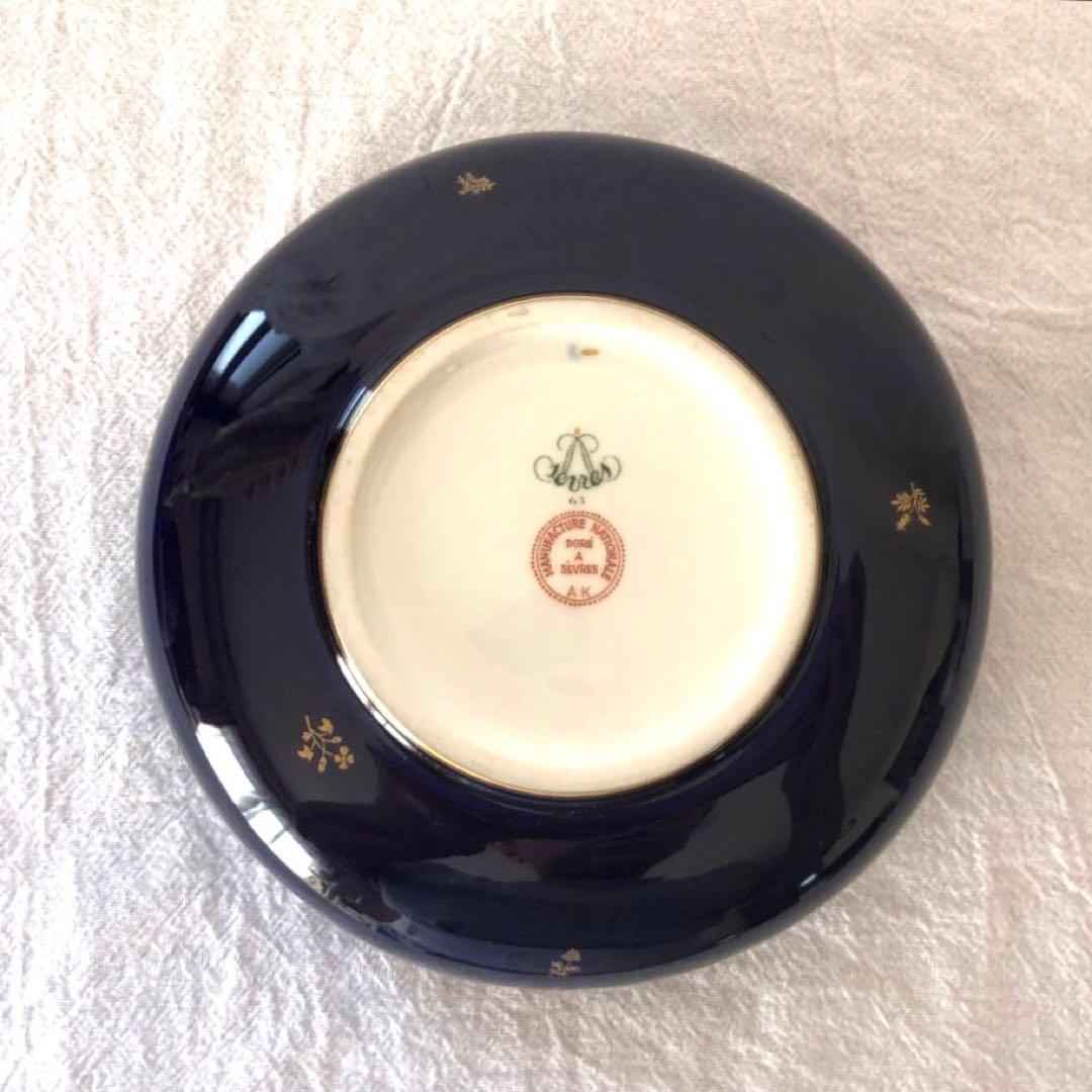 SEVRESセーブル灰皿☆ファットブルー☆24K金彩小花☆仏ヴィンテージ未使用