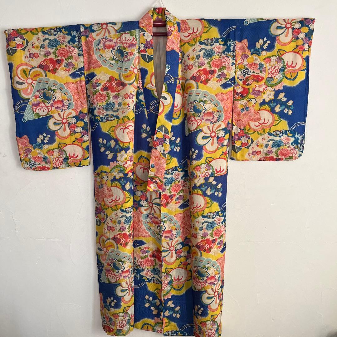 アンティーク　大正ロマン　レア　ターコイズブルーの着物