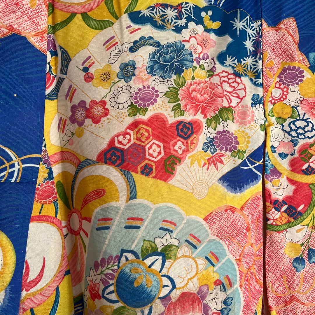 アンティーク　大正ロマン　レア　ターコイズブルーの着物