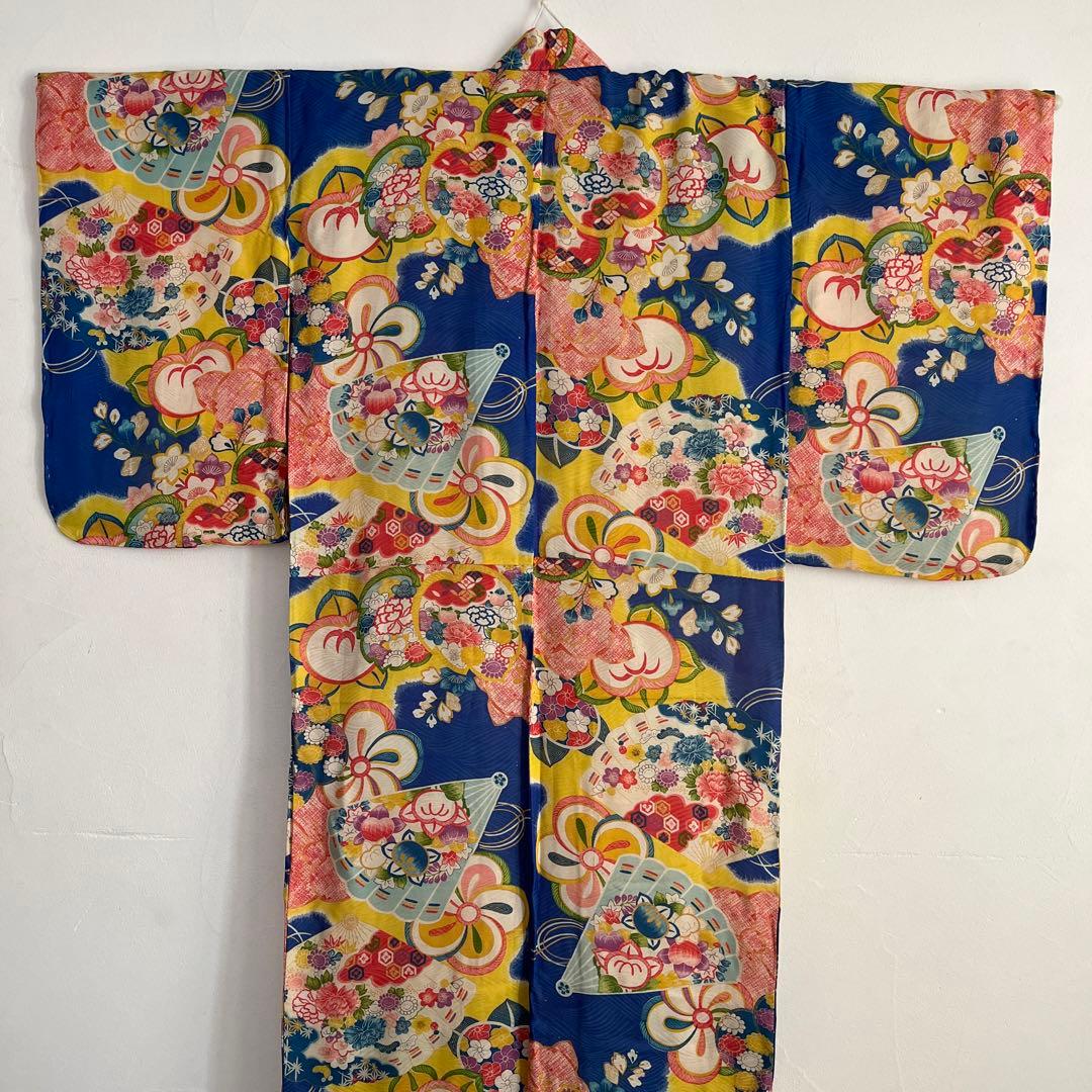 アンティーク　大正ロマン　レア　ターコイズブルーの着物