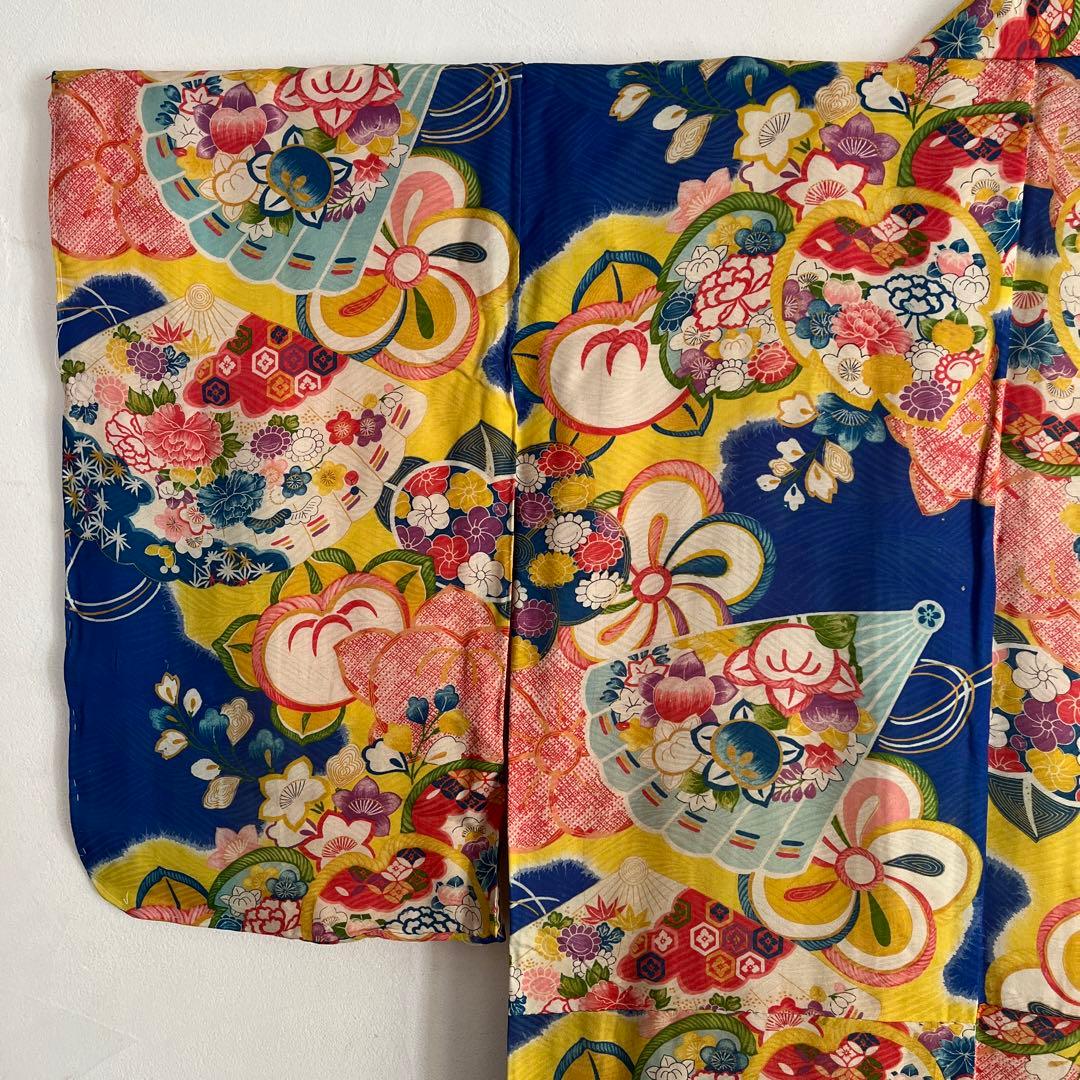 アンティーク　大正ロマン　レア　ターコイズブルーの着物