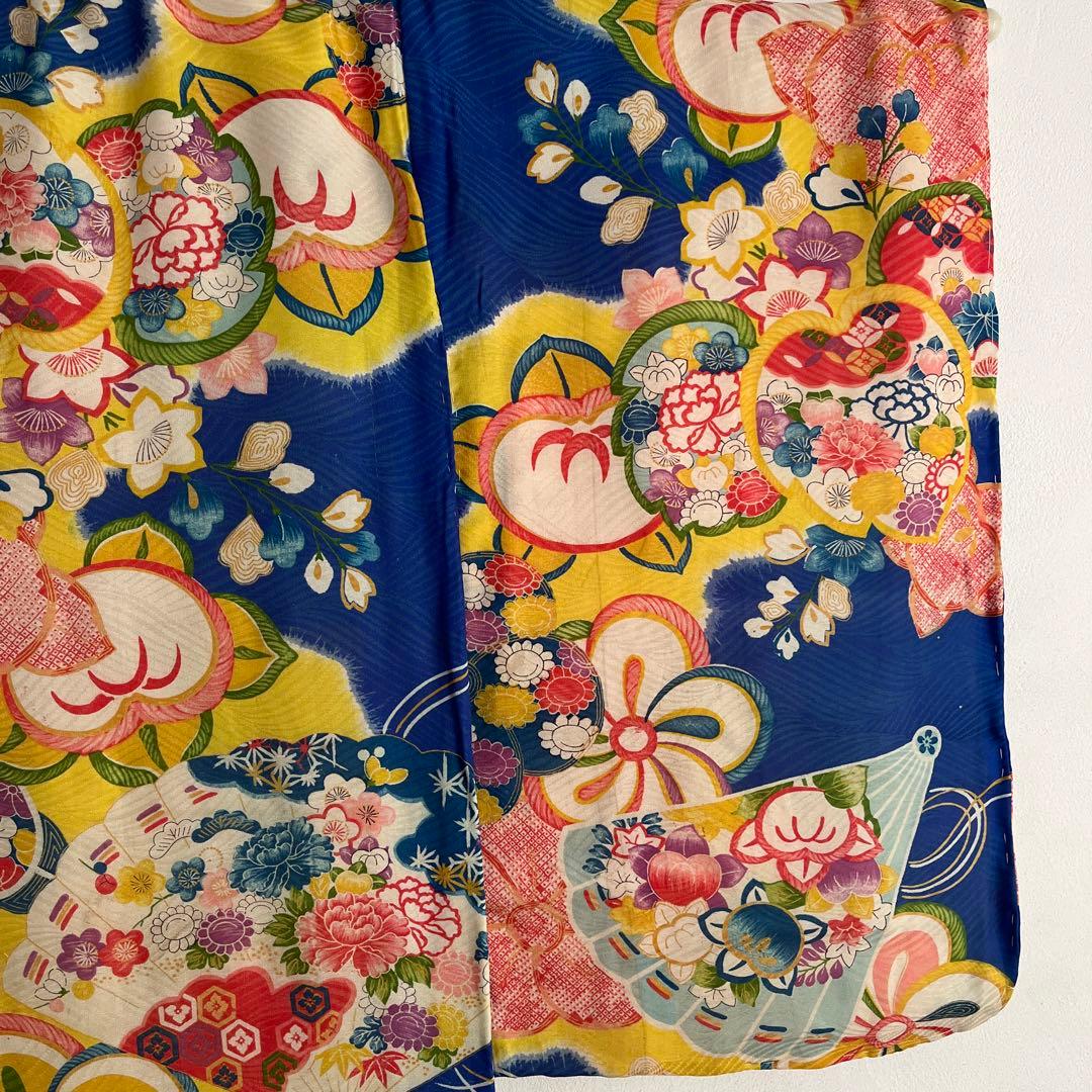 アンティーク　大正ロマン　レア　ターコイズブルーの着物