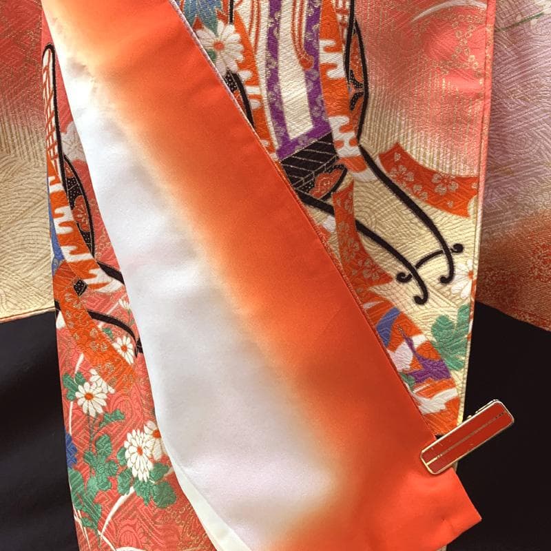 509ag5□七五三 七歳 女児 着物&袋帯 金彩 御所車 花文 ピンク□美品