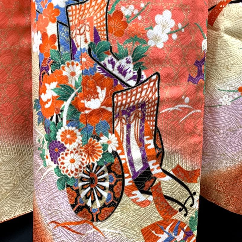 509ag5□七五三 七歳 女児 着物&袋帯 金彩 御所車 花文 ピンク□美品