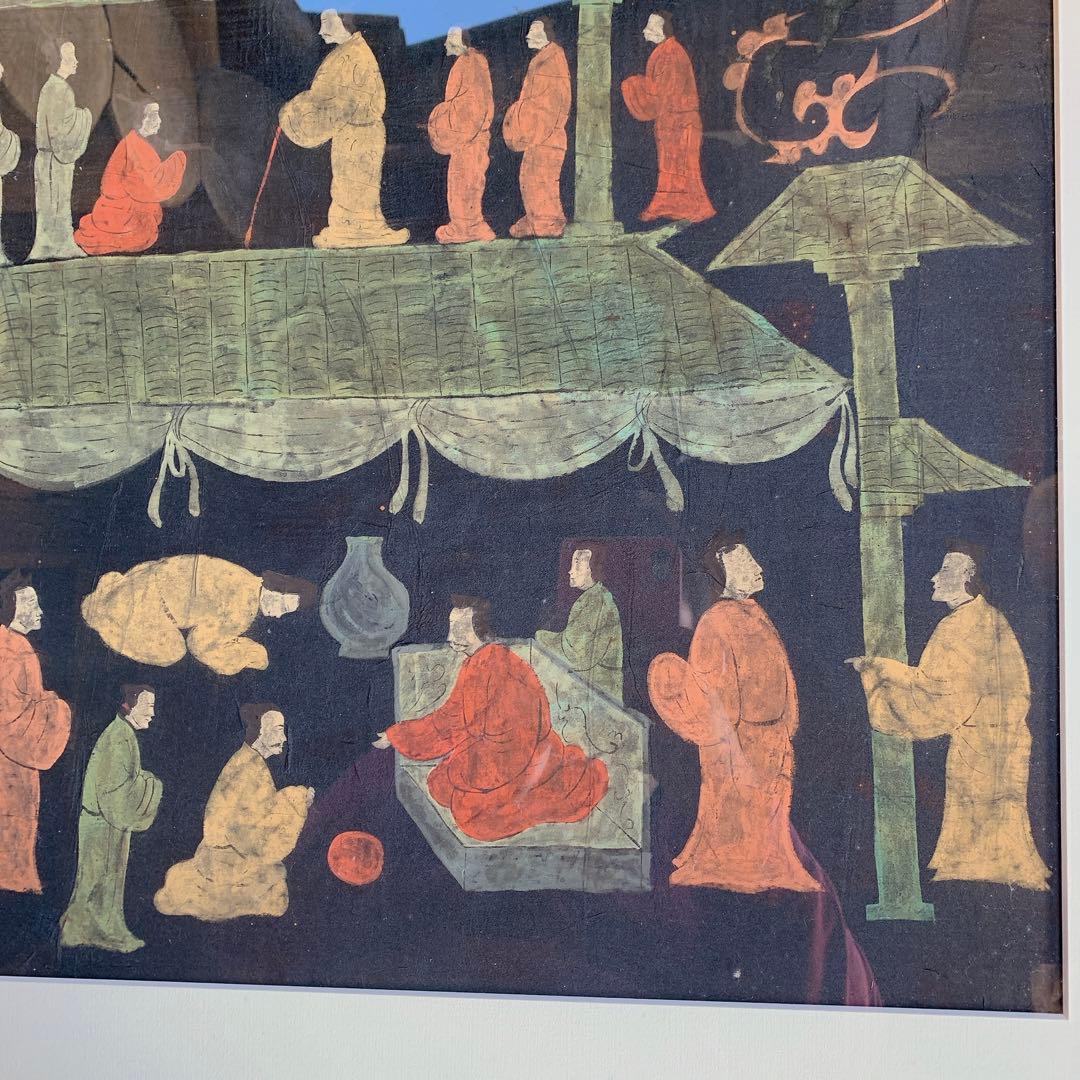 楚国　漢代　帛画　中国　シルク　絹　絵画　額縁　骨董品　馬　王　鳳凰　人　アート