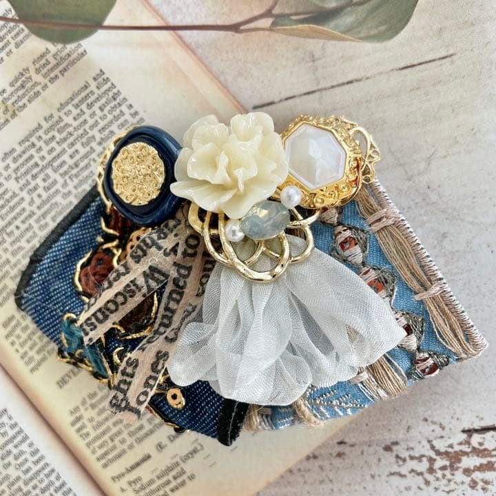 no.48 ハンドメイド　デニムリボンの上品ヘアアクセサリー