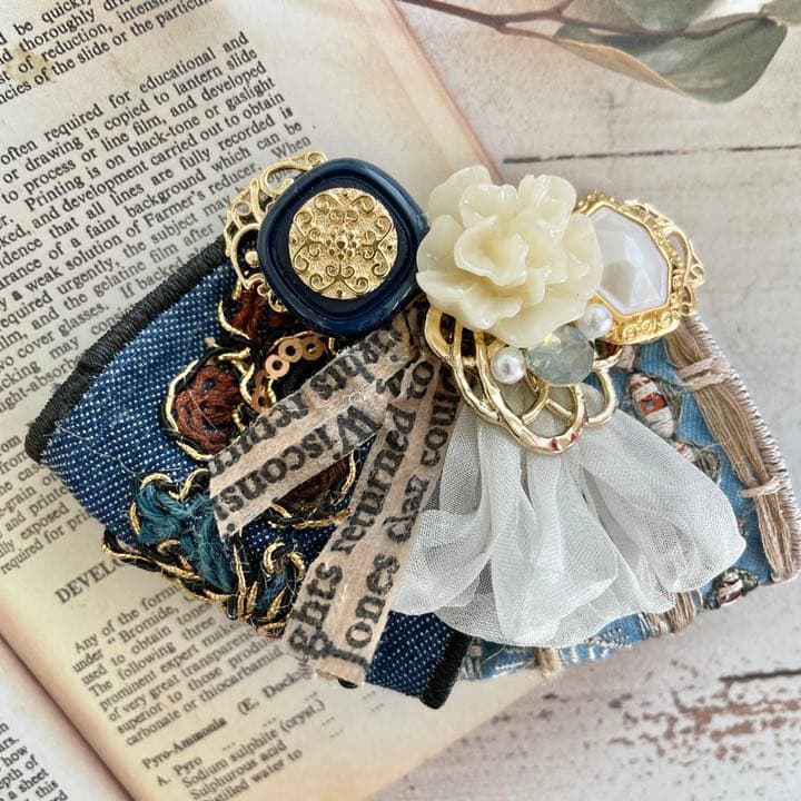 no.48 ハンドメイド　デニムリボンの上品ヘアアクセサリー