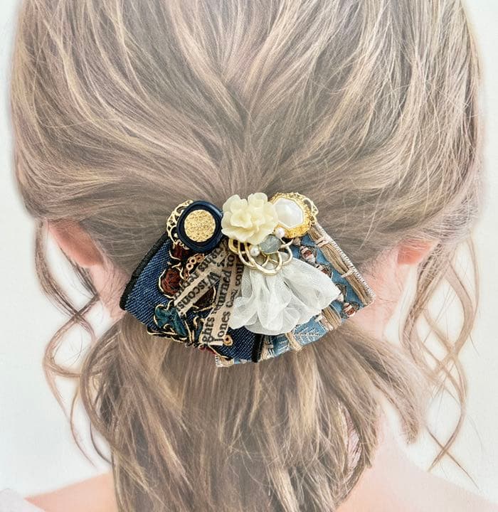 no.48 ハンドメイド　デニムリボンの上品ヘアアクセサリー