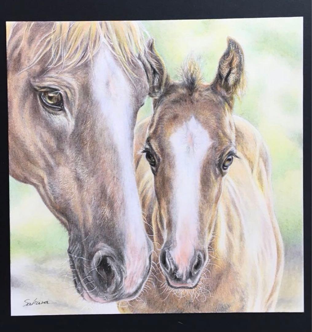 母馬と仔馬 色鉛筆画（フレーム付き） 手描きイラスト 一点物 馬