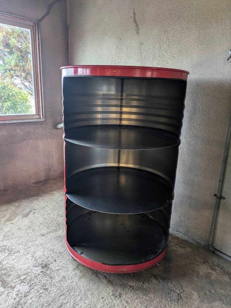ドラム缶　リメイク　レッド　キャスター付き３段シェルフ