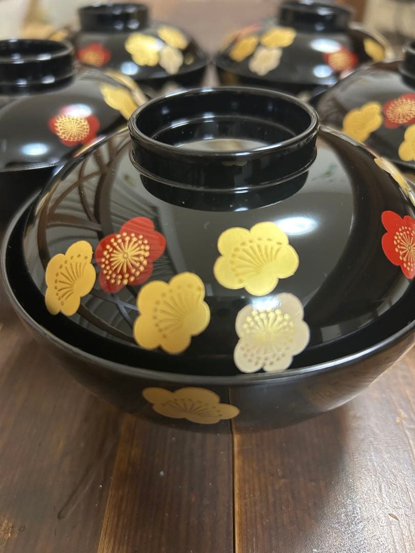 高級漆器 伝統工芸 漆塗 蓋付き お吸物椀 お正月 5客　梅 金蒔絵 会津塗