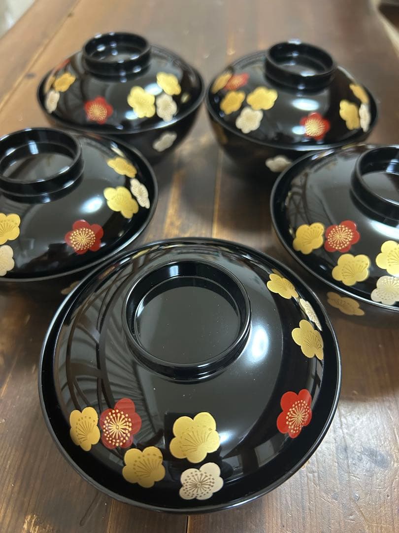 高級漆器 伝統工芸 漆塗 蓋付き お吸物椀 お正月 5客　梅 金蒔絵 会津塗