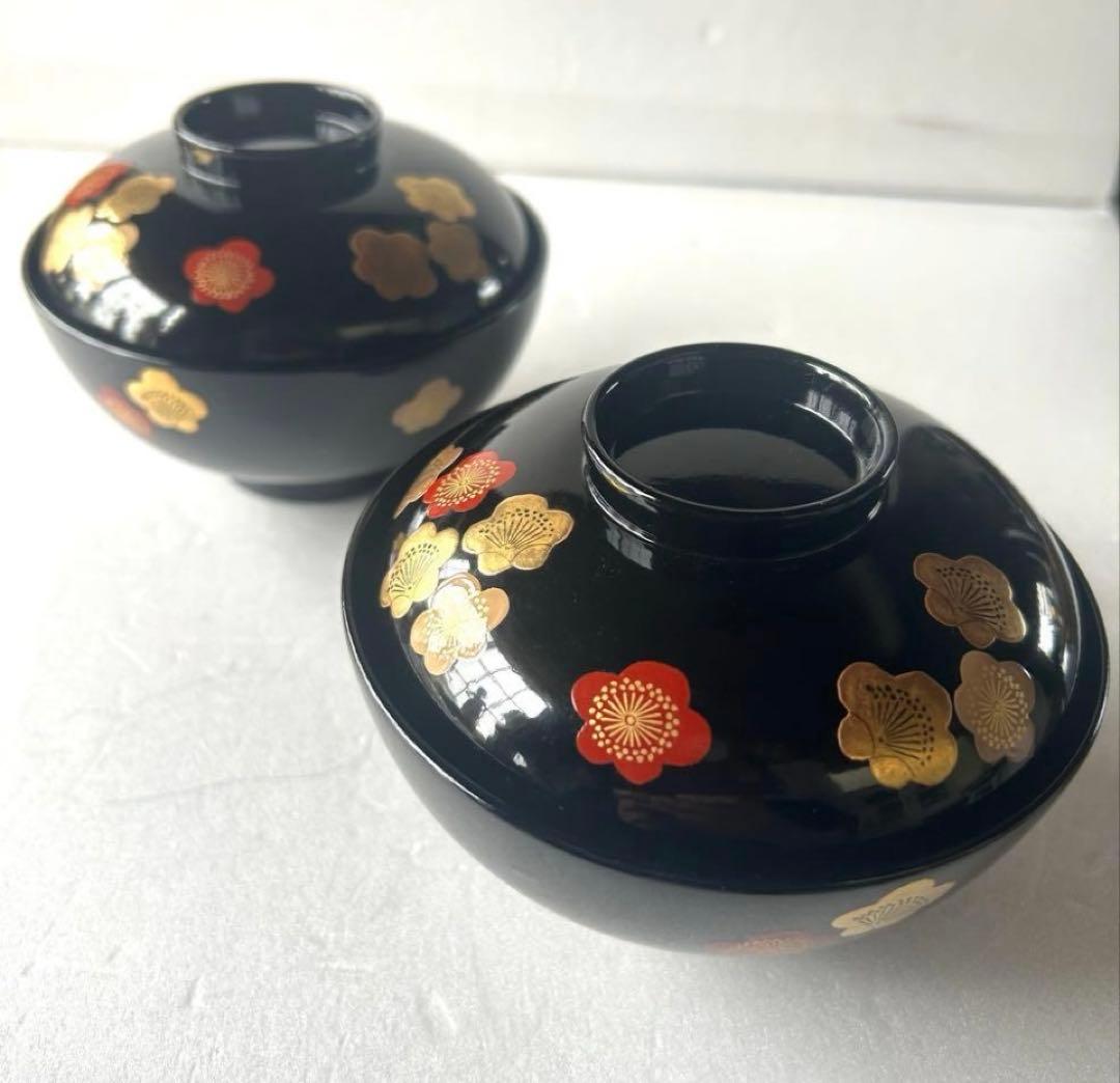 高級漆器 伝統工芸 漆塗 蓋付き お吸物椀 お正月 5客　梅 金蒔絵 会津塗