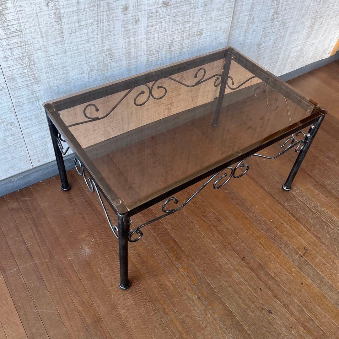 【アンティーク】アイアンフレーム ガラストップ センターテーブル 古民家 古家具