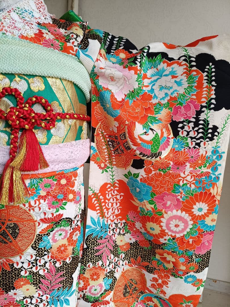 専用です☆アンティーク白黒ブルーの着物にエメラルドグリーンの作り帯セット☆