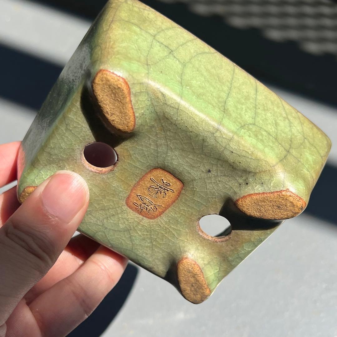 782.暁雲 緑貫入釉長方 盆栽鉢 植木鉢 10*8.7*4.2cm