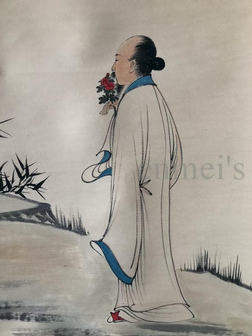 中国古美術・純手描き四尺人物掛軸・水墨画・張大千印款・茶道・肉筆