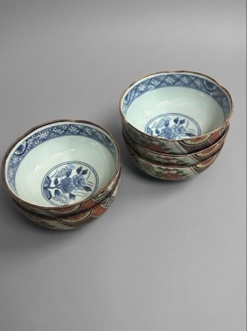 極美品】有田焼 聖山窯 染付牡丹文 輪花鉢 5客セット 古伊万里様式 盛