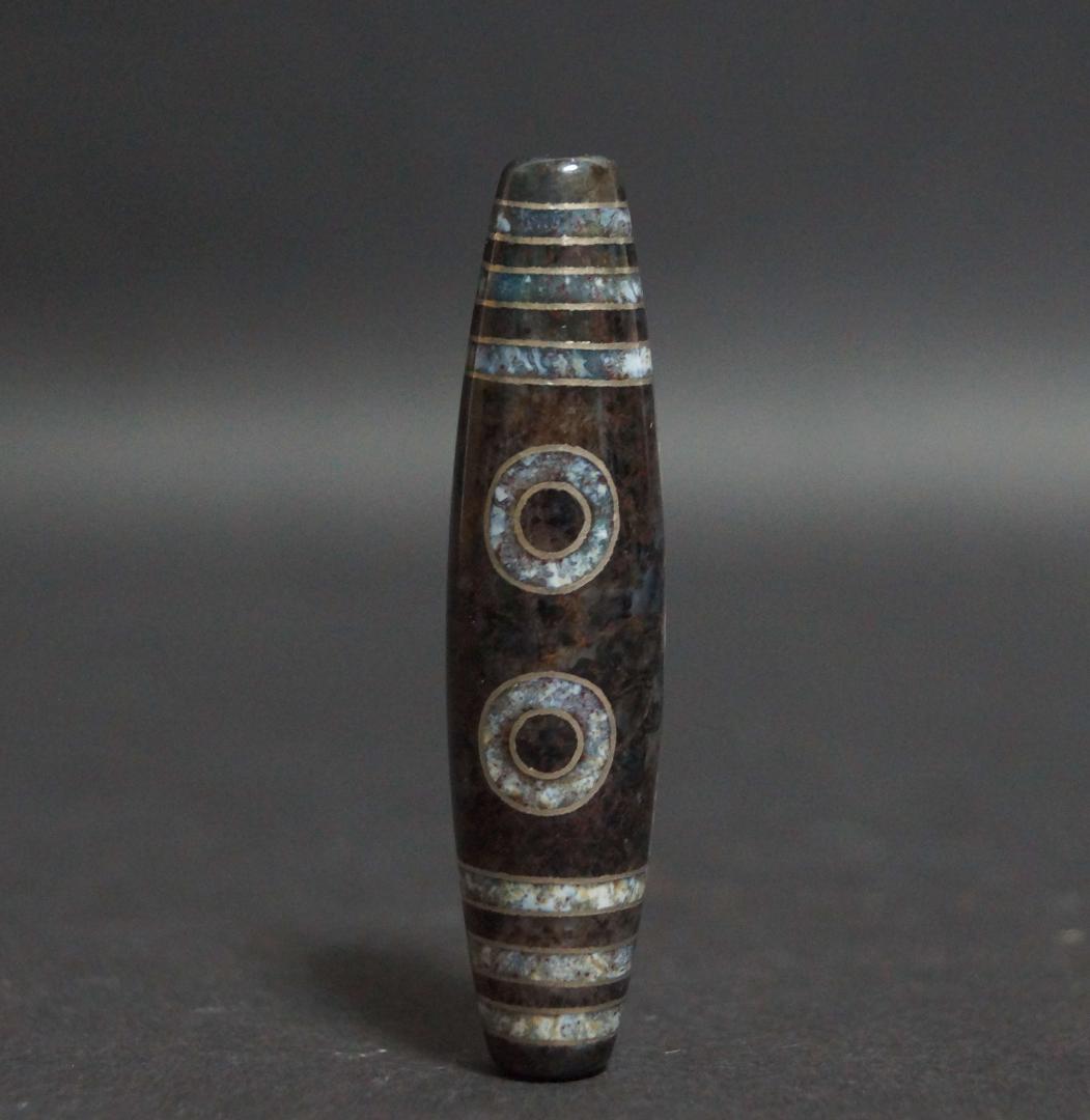 オールドチベットメノウ瑪瑙銀線象嵌『五眼天珠』根付緒締玉アゲート提げ物ビーズ