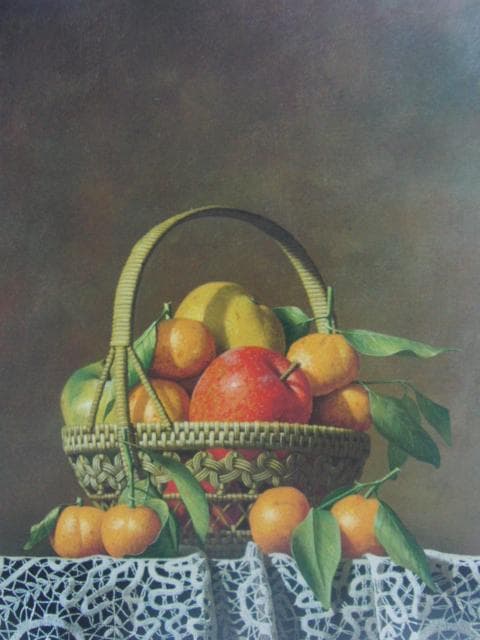 岩戸敏彦、【篭の果実】、希少な額装用画集より、新品額装付、状態良好