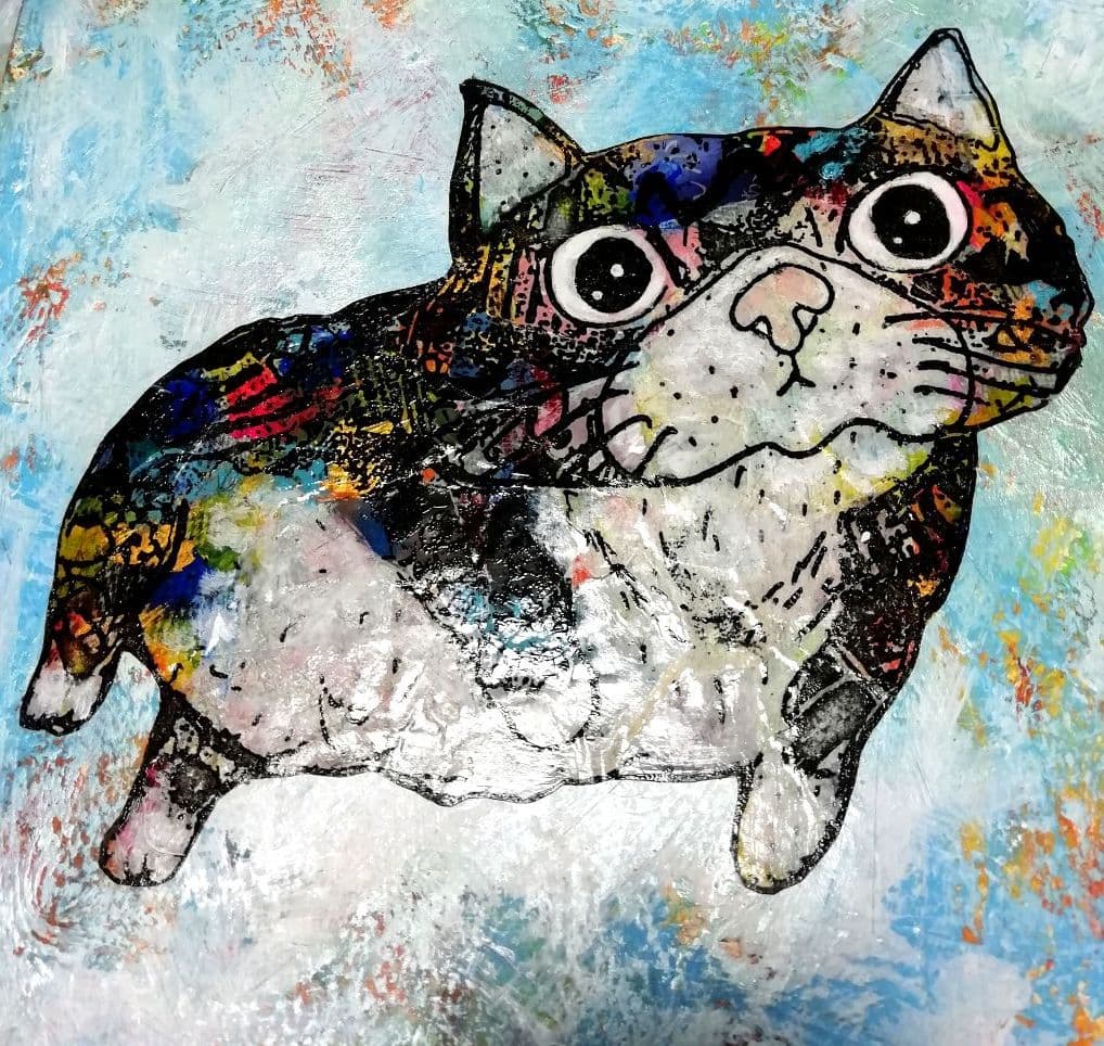 銅版画応用絵画　title「プカプカ猫」