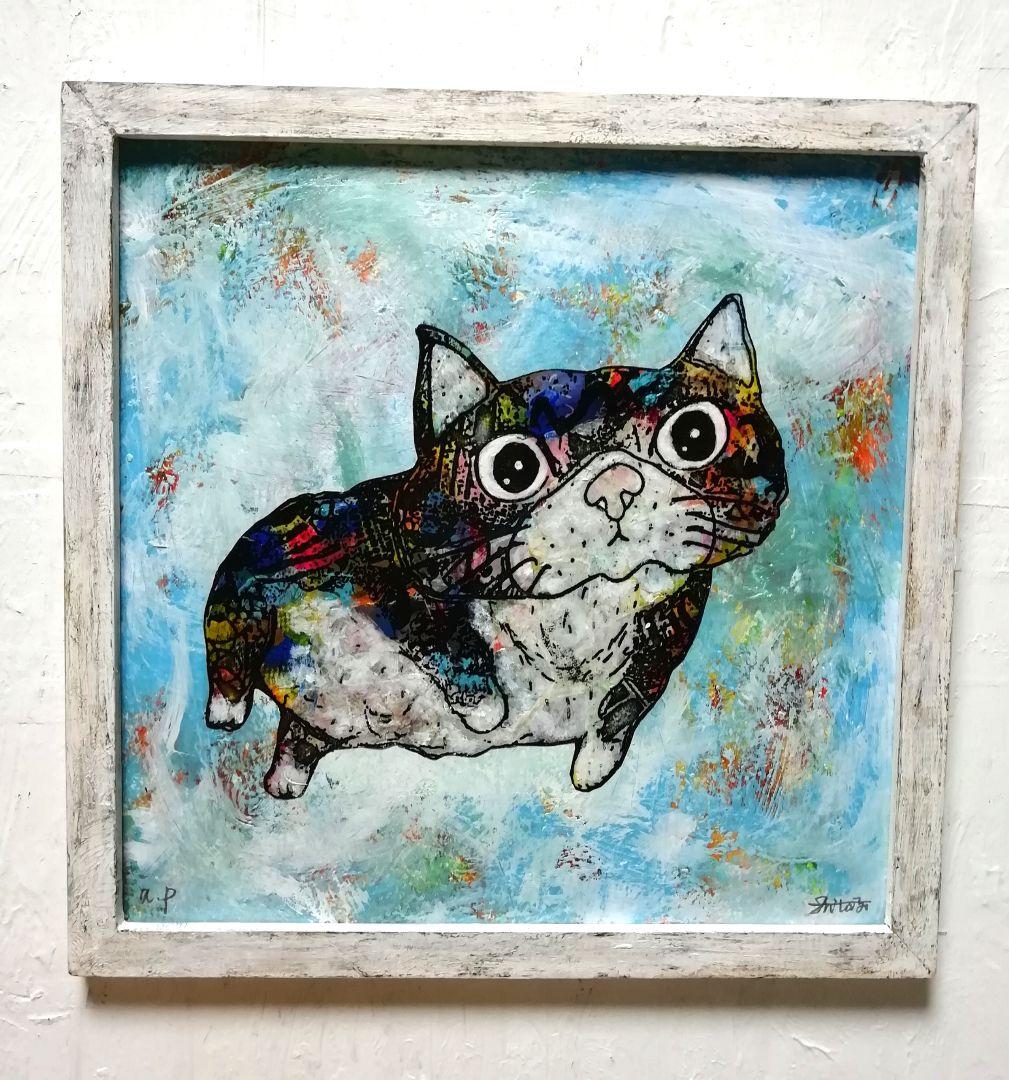 銅版画応用絵画　title「プカプカ猫」