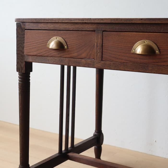 アンティーク ナラ材 ロクロ脚 片袖机 レトロ 真鍮金具 デスク 古家具