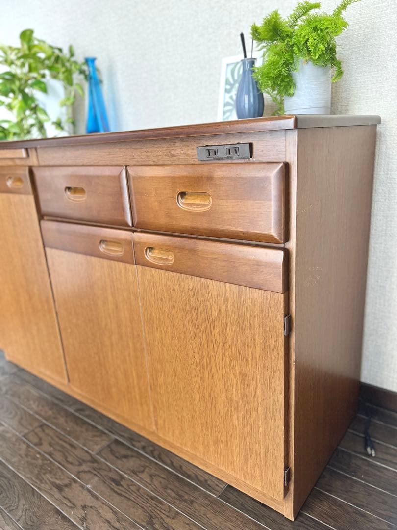 【匿名配送】木製キッチンカウンター 引き出し・スライド・コンセント・キャスター付