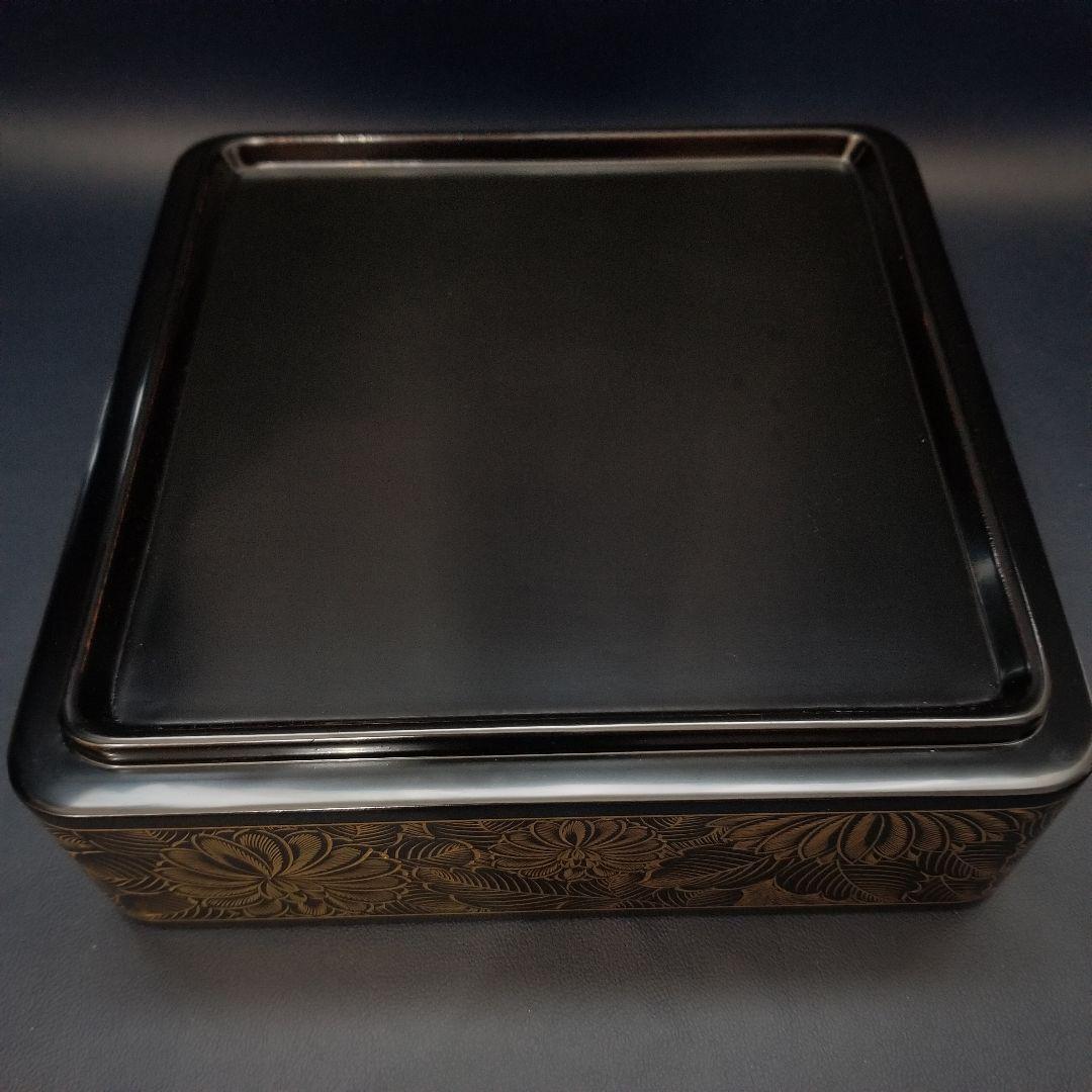 極美品未使用 輪島塗 布着本堅地 二段重 黒漆 極上菊詰 沈金 蒔絵 重箱 ①