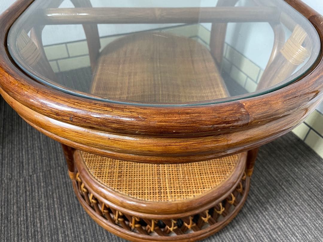 ラタン 籐 センターテーブル オーバル 天板ガラス