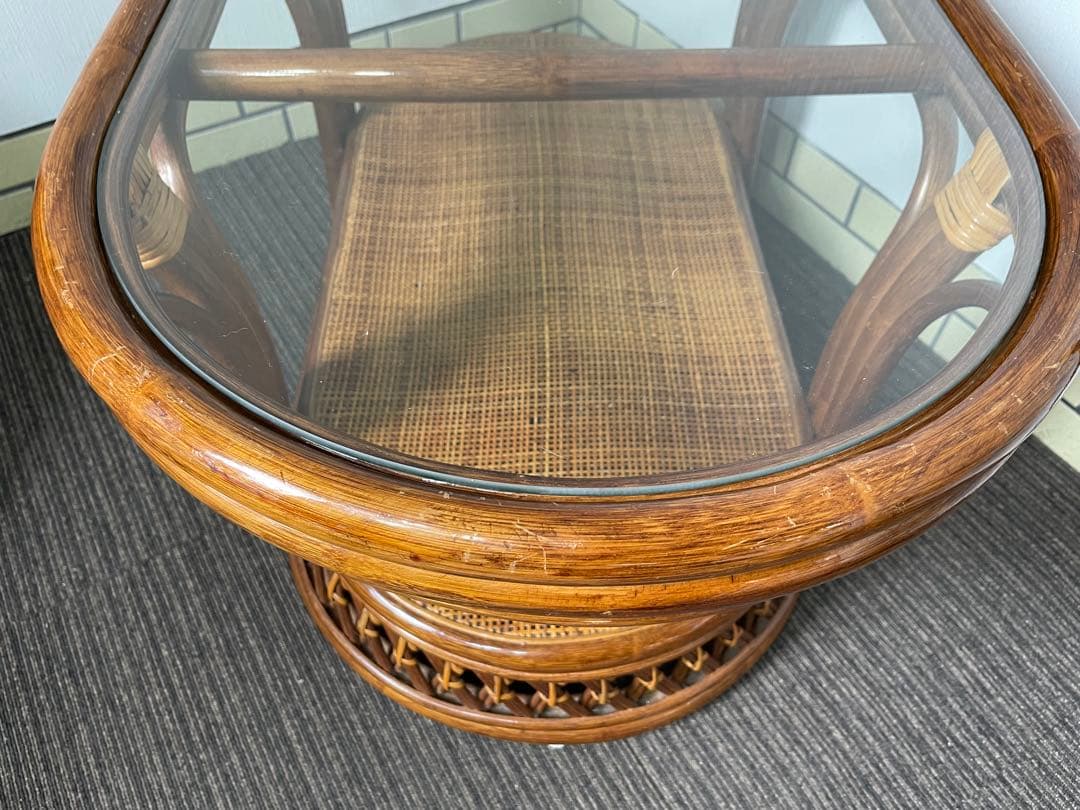 ラタン 籐 センターテーブル オーバル 天板ガラス