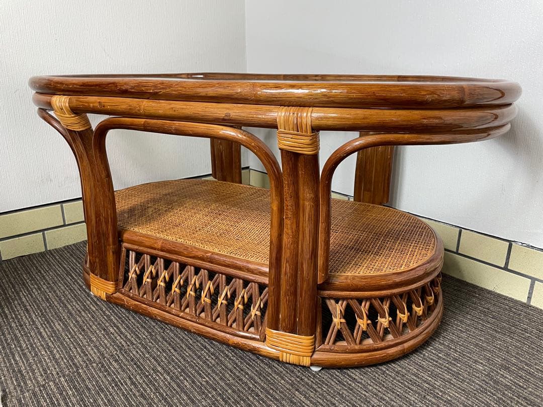 ラタン 籐 センターテーブル オーバル 天板ガラス