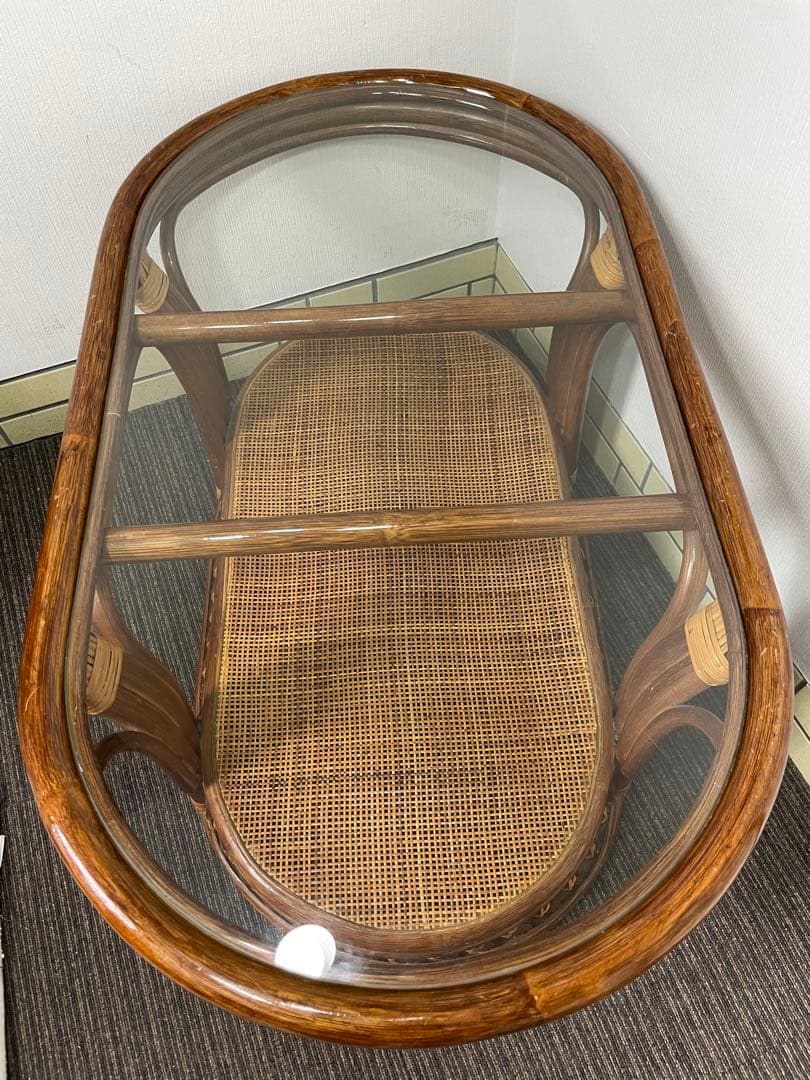 ラタン 籐 センターテーブル オーバル 天板ガラス