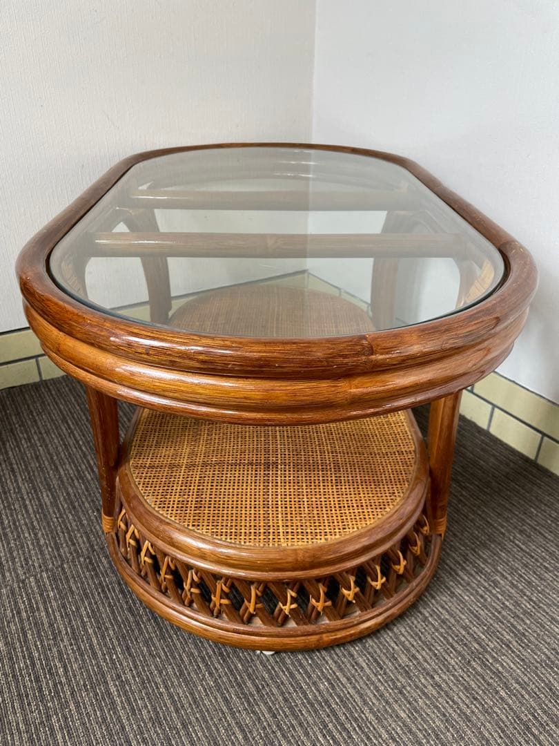 ラタン 籐 センターテーブル オーバル 天板ガラス