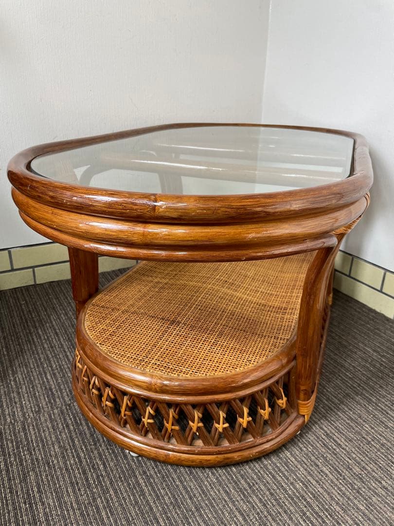 ラタン 籐 センターテーブル オーバル 天板ガラス