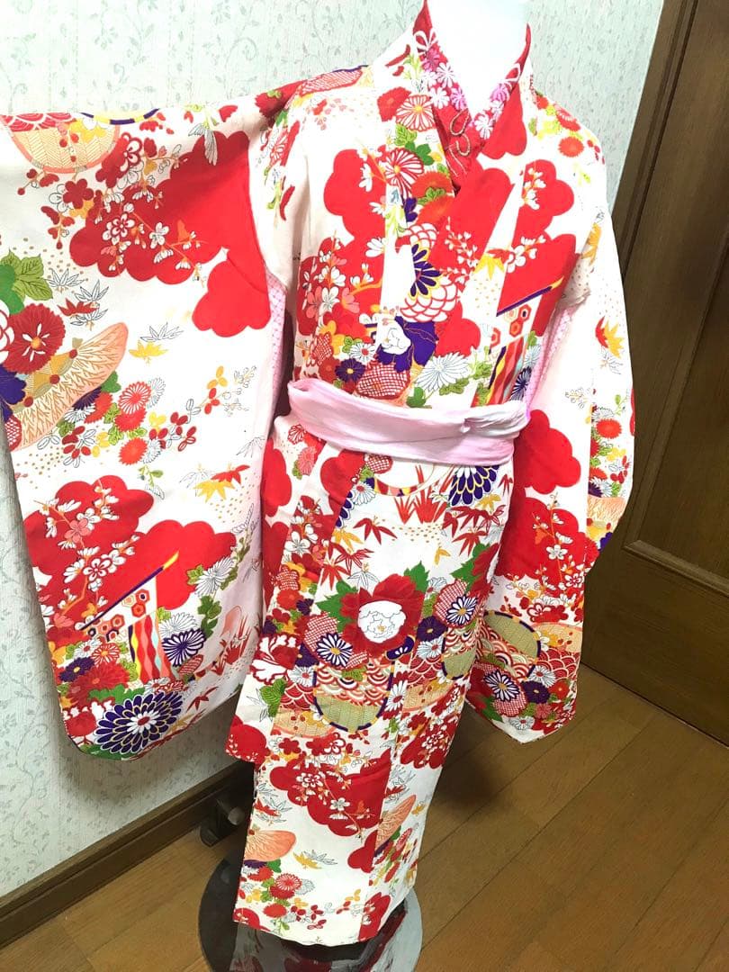 七五三3歳　女の子着物セット　正絹　アンティーク　袖付き羽織　個性的❤️