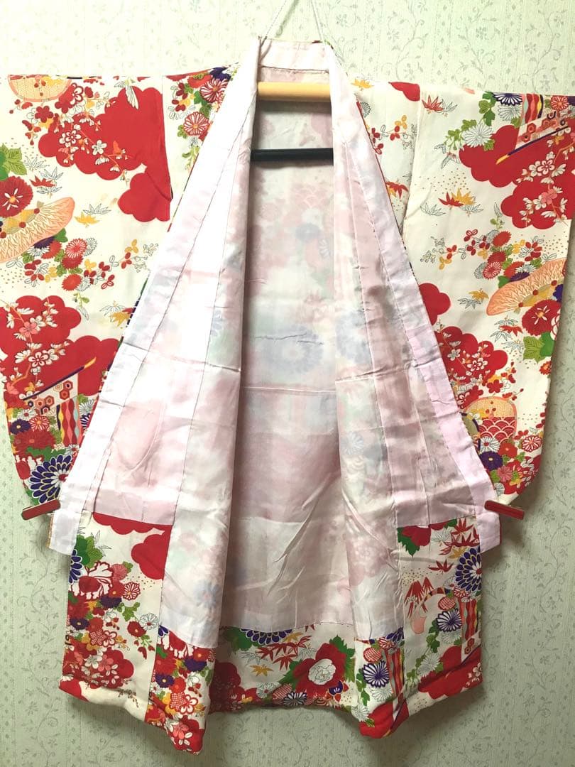七五三3歳　女の子着物セット　正絹　アンティーク　袖付き羽織　個性的❤️
