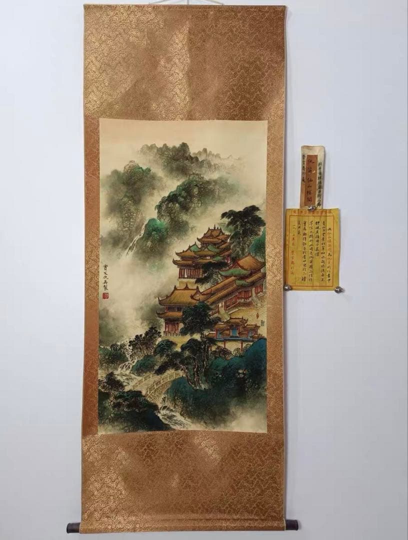 中国画 掛け軸 仇英《仙山楼閣》三尺中堂 掛け軸 装裱済み／題箋付き