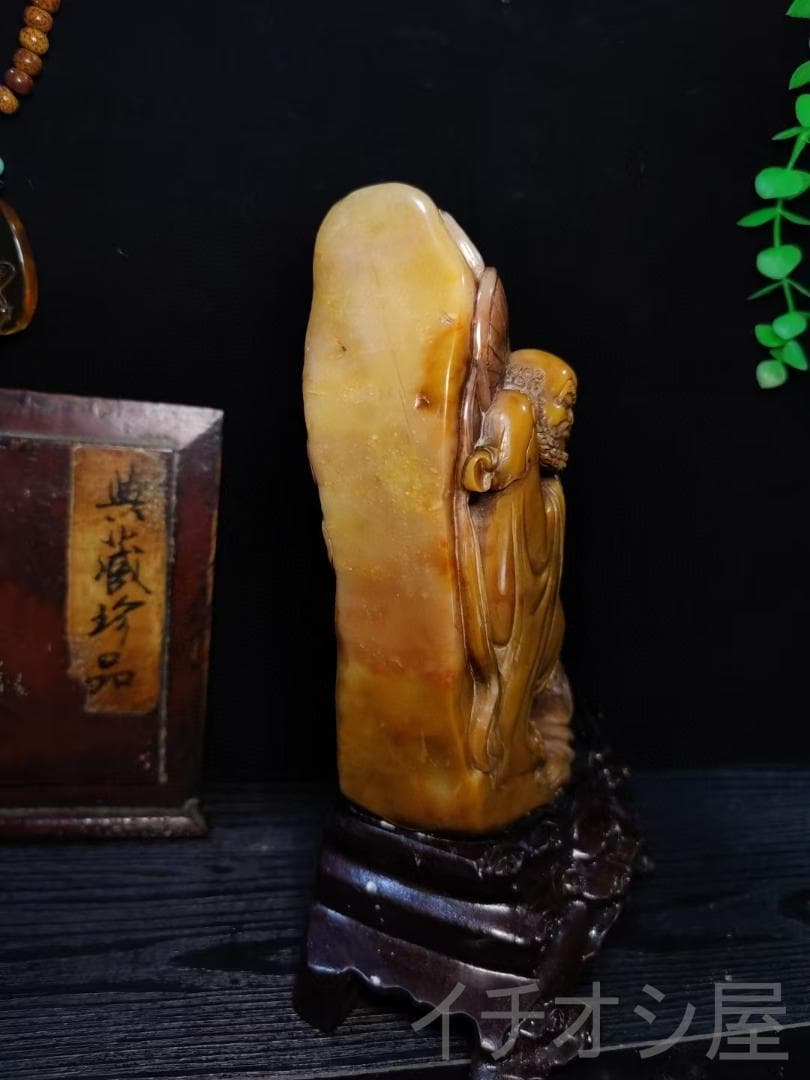 珍品【降龍羅漢】印鑑・寿山石彫｜紅絡田黄石｜仏像彫刻｜耐青作款｜風水置物｜手彫り