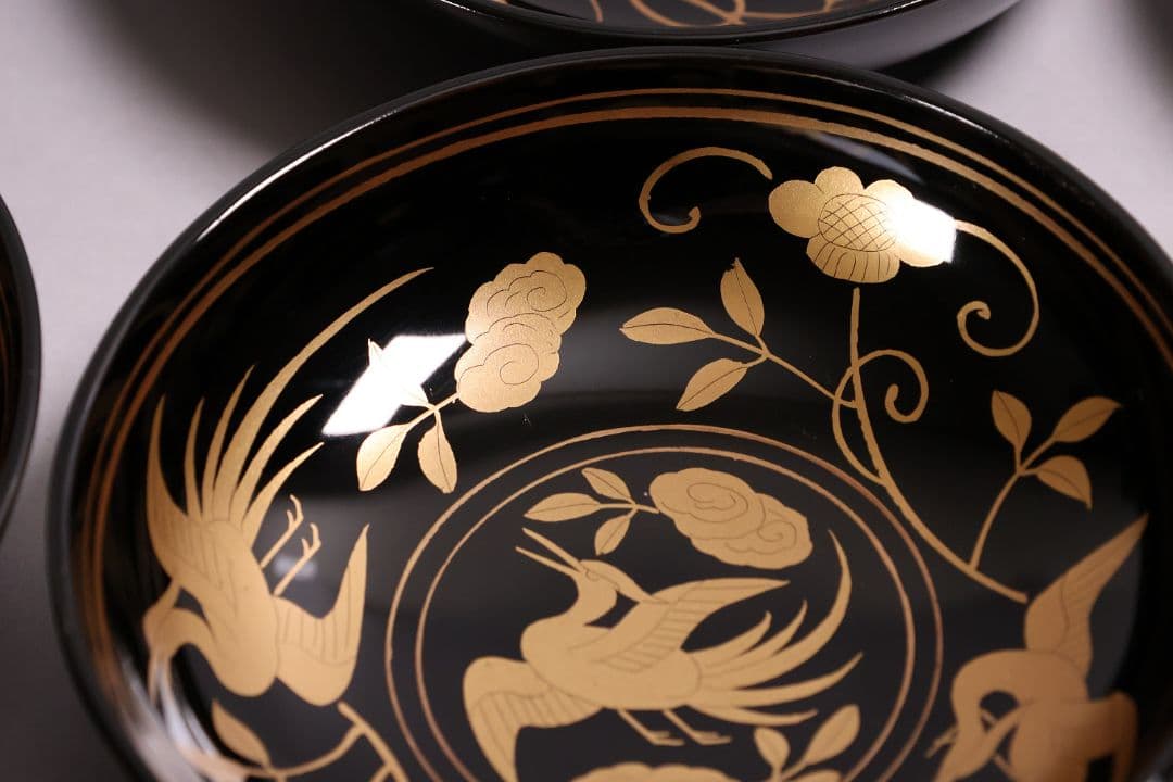 MA723】木製漆器 長寛写 金蒔絵 黒塗木皿 二十客 吉祥鶴 菓子皿 小皿