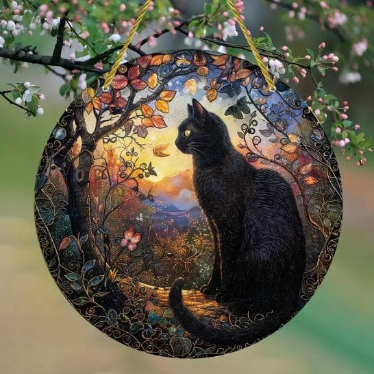 ねこ 猫 ネコ 黒猫 ステンドグラス サンキャチャー インテリア