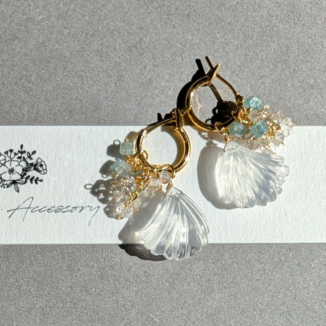 mn様 アイスクォーツ 銀杏カービング フープピアス