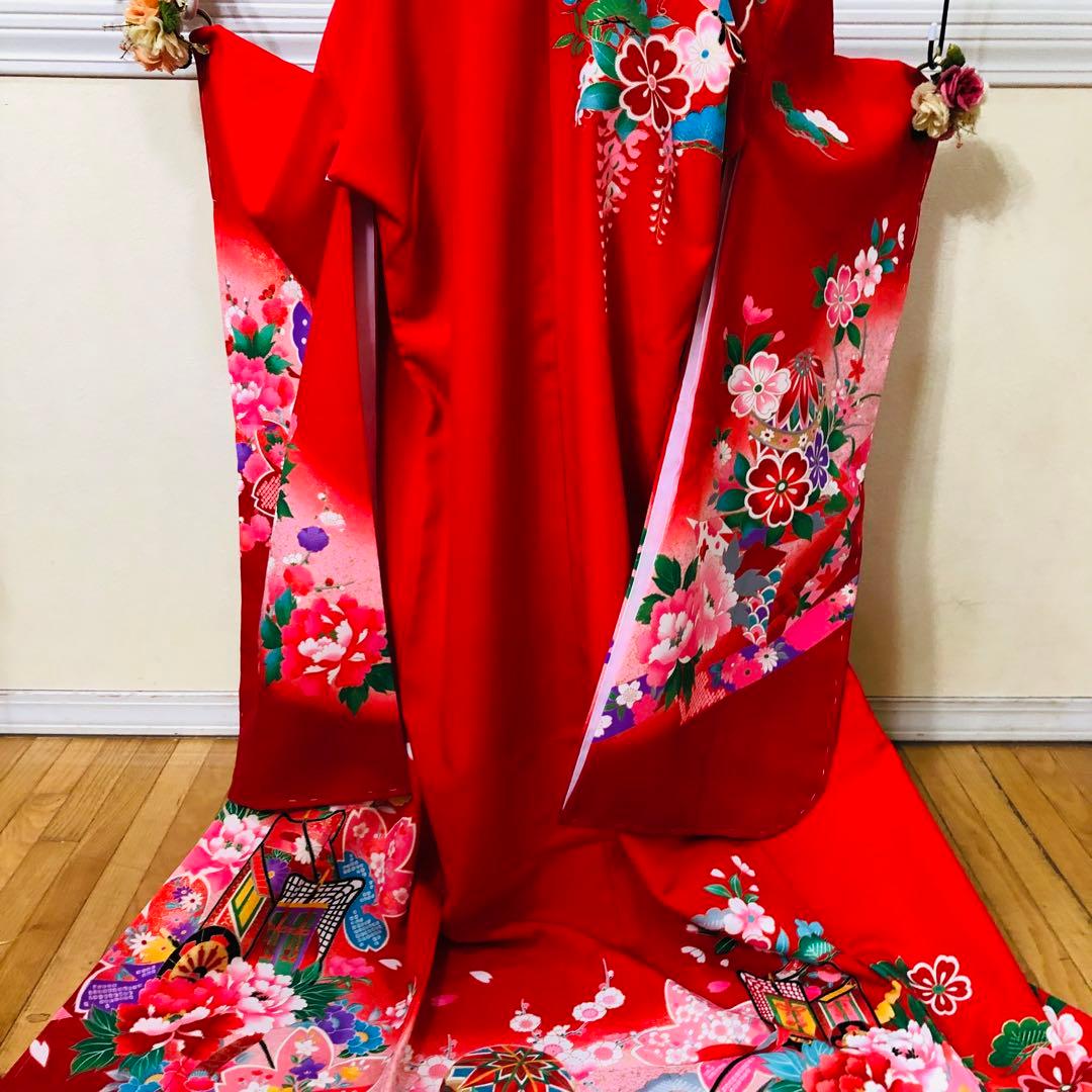 七五三七歳❣️豪華赤地手毬御所車花々金彩⭐︎作り帯楽々⭐︎完全フルセット銘品