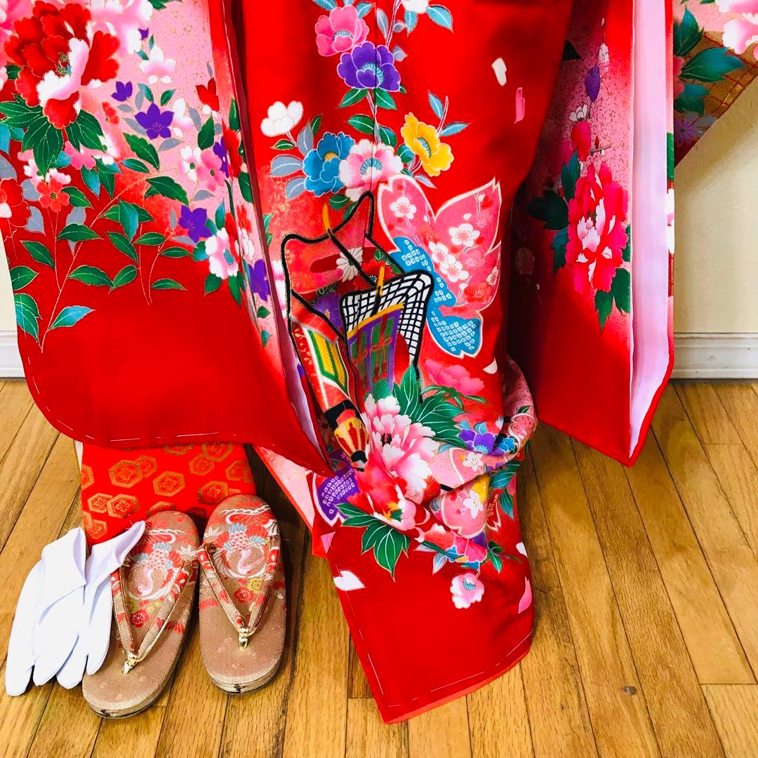 七五三七歳❣️豪華赤地手毬御所車花々金彩⭐︎作り帯楽々⭐︎完全フルセット銘品