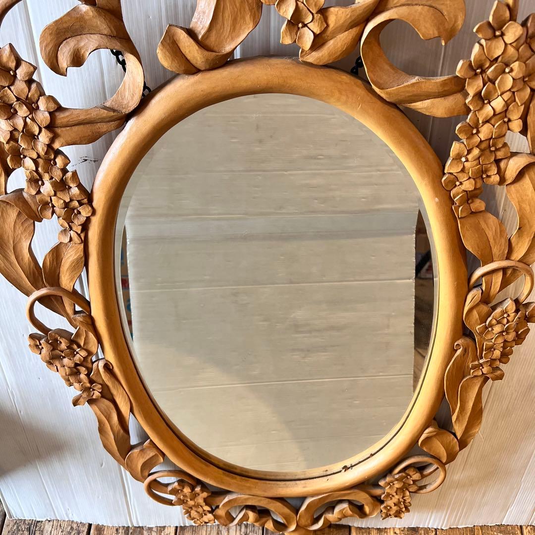 アンティーク　木彫り　掛鏡 花柄　インテリア　レトロ　大きいサイズ　壁掛け